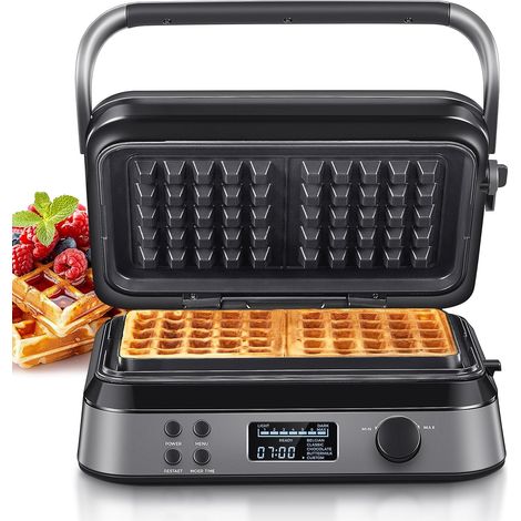 Gaufrier 1600 W, double gaufrier pour gaufres belges, 5 programmes, 7 niveaux de brunissement, contrôle via écran LCD, minuterie, rainure de trop-plein pratique, acier inoxydable (noir) (1/5)