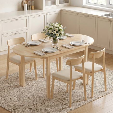 Ovaler Klapptisch aus Massivholz mit 2 Ausziehplatten, platzsparend, 140 x 70 x 75 cm (L x B x H) (1/5)