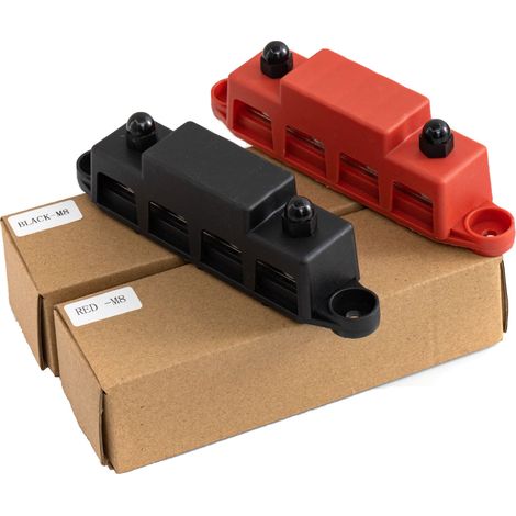 RV M8/M10 busbar for high-current cabling, 4-pole red and black electrical distribution busbar, marine accessories, M10 bolts - red + black (with accessories)
