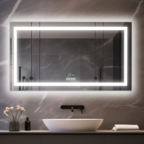 Luvodi – Miroir lumineux de salle de bain 100×60 cm – Bluetooth, anti-buée, 3 températures de couleur, affichage numérique, IP56