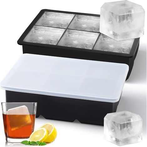 Juego de 2 bandejas para cubitos de hielo, de silicona sin BPA, con 6 compartimentos (5 cm) y tapas herméticas, ideales para congelar y preparar cócteles. (1/5)