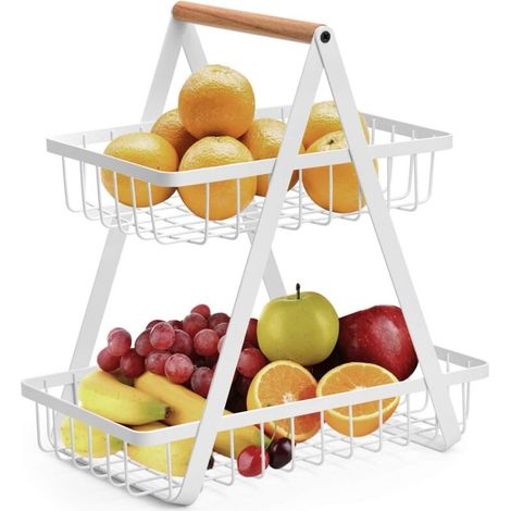 2-Tier Fruit Basket, Metal Fruit Basket, Bread Basket, Vegetable Storage Rack for Kitchen, White (1/5)