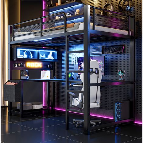 Cama alta 90x200 con escritorio y LED metal OKMYHOME (1/5)
