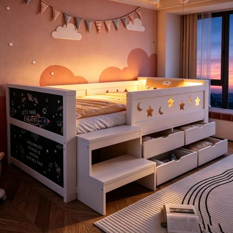 Letto per bambini 90/200 cm con LED, lavagna creativa e 4 cassetti (1/5)
