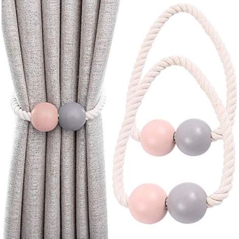 Embrasses de Rideaux Magnétiques 2Pcs Embrasses de Rideau Fenêtre Drapé Holdback Clips de Rideau en Bois pour La Maison, Dortoir, Bureau, Fenêtre Décorative, Rose+Gris (1/5)