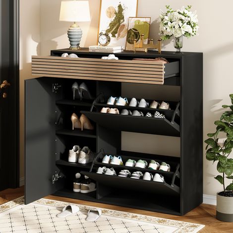 Scarpiera 100x35x105 cm con 2 ante a ribalta, 1 cassetto e 1 anta, mobile ingresso MDF nero e legno (1/5)