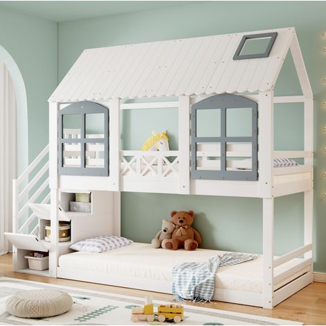 Lit superposé 90x200 avec escalier rangement blanc HAVRYA (1/5)