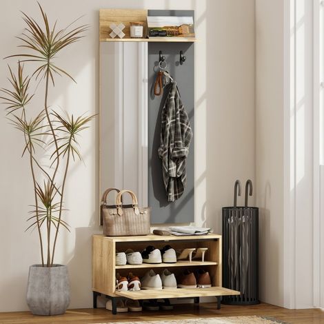 REDOM - Perchero 60x13.5x127.5 cm, espejo, banco para zapatos, estante abierto, MDF madera natural gris (1/5)