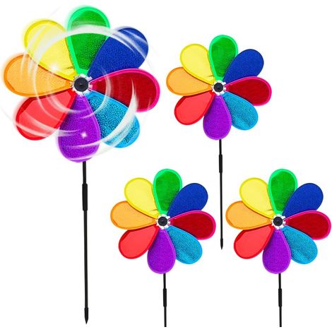 Lot de 4 moulins à vent en forme de fleur, 30 cm, arc-en-ciel, scintillants, anti-pigeons, pour balcon, jardin, verger, cour, toit (1/5)