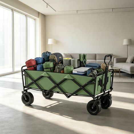 Carrello da giardino pieghevole 130L 133x56x100 cm in metallo verde, ruote frenate – MEUBLIV (1/5)