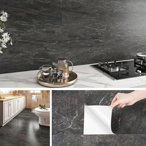 Adhesive pour Cuisine Effet Marbre Dalle PVC Adhesive Murale Noir Gris Carrelage Adhesif Mural Salle de Bain 60x30cm Lavable Lino Sol Adhesif Gris Anthracite Salon Chambre 4 Dalles (1/5)