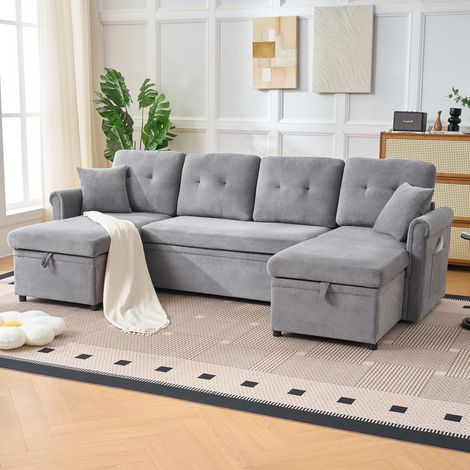 Canapé Panoramique Convertible en U 4 Places 266x130x85 cm, Couchage 240x124 cm, 2 Coffres, Assise Profonde 109 cm, Chenille Gris (1/5)