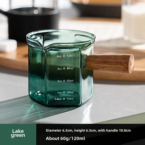 Taza de café de vidrio de borosilicato de alta densidad con graduaciones, taza medidora para espresso, taza de leche con asa de madera, jarra de leche, vaso medidor de onzas (verde lago, 120 ml, doble (1/5)