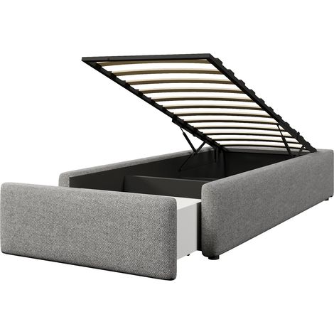 Letto a piattaforma imbottito 90 x 200 cm grigio con contenitore idraulico e cassetto (1/5)