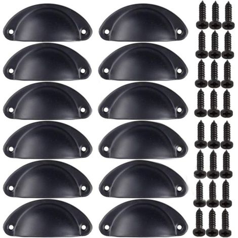 Poignée Bouton de Porte Décoration Rétro pour Meuble Tiroir Poignée de Coquille Vintage pour Tiroir Armoire Meuble Cuisine Fer Incurvé Bouton de Porte de Placard Retro Pour Armoire(12PCS)Noir