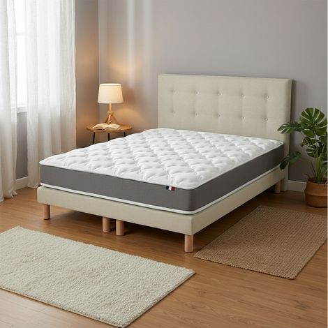 Ensemble matelas mousse H16 35Kg/m3 sommier tete de lit capitonee beige 160 x 200 (1/5)