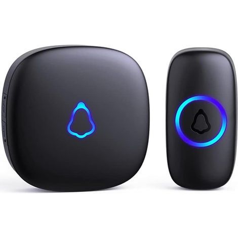 Timbre inalámbrico exterior resistente al agua con 1 receptor + 1 transmisor a pilas, 58 melodías, 5 niveles de volumen, 120 dB, LED, alcance de 300 m para casas y apartamentos, color negro. (1/5)