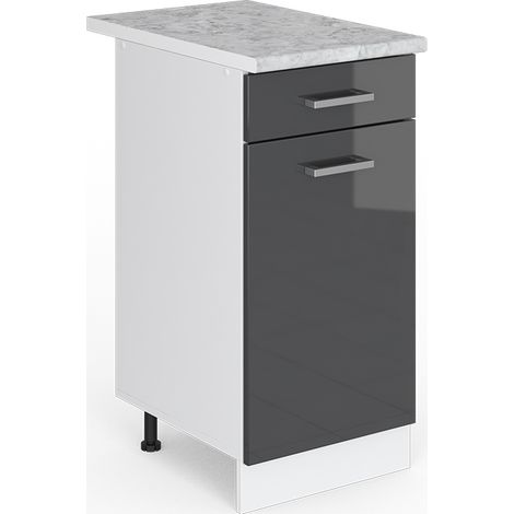 Unterschrank R-Line, Anthrazit Hochglanz, 40 cm mit Schublade, mit Arbeitsplatte, Vicco