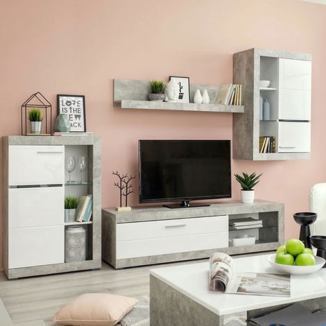 Pared Modular Dongo, Mueble de Salón 10 Estantes, 3 Puertas, Estantes de Vidrio, 266.5x41.5x186h cm Blanco (1/5)