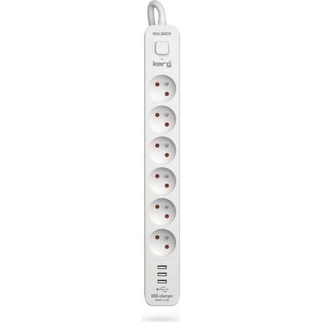 Multiprise KERG avec disjoncteur - 6 prises, 3 ports USB, 16 A, 1,5 m