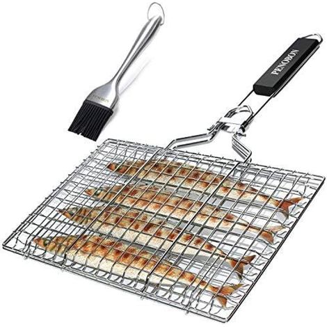 Fisch-Grillkorb, faltbar, tragbarer Edelstahl-Grillkorb für Fischgemüse, Garnelen mit abnehmbarem Griff, mit Backpinsel und Aufbewahrungstasche (Tipo 1) (1/5)