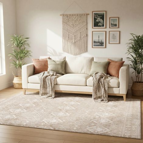 Tapis Décoratif, Tapis de Sol Lavable, Antidérapant Style Bohème, pour Chambre ou Salon, Beige