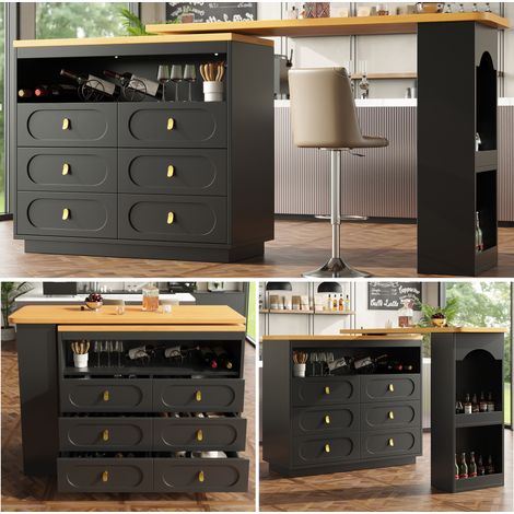 Table bar extensible MDF noir 137-203x39x90 cm, pivotante à 360°, 6 tiroirs et rangement latéral (1/5)