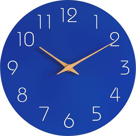 25cm Quartz Wall Clock - Blue Non Ticking Large Modern Wall Clock Battery Operated Easy to Read for Bedroom Home Kitchen Office School
