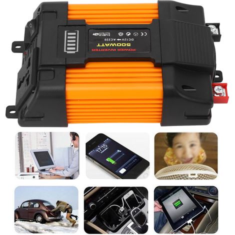Onduleur 500 W DC12V vers AC220V avec 2 ports USB, 1 prise universelle, affichage du niveau de la batterie et chargeur de voiture avec pinces crocodiles. (1/5)