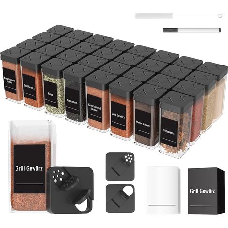 Pot a Epices, Bocaux à Épices 32 Pièces, Plastique Robuste Pot à Épices Sceller Avec Couvercle, 120ml Boite à Épices Cuisine Rangement Avec 36 Étiquettes Epices, Brosse, Stylo (1/5)