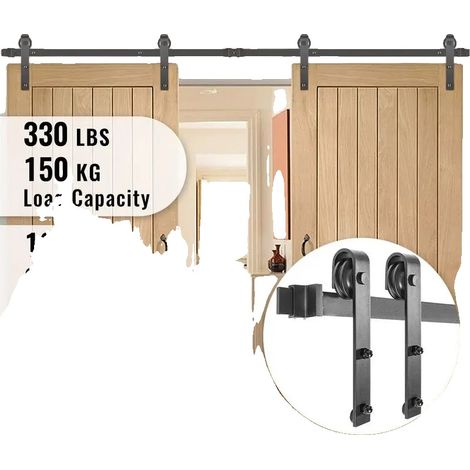 Schiebetürbeschlagset, Material aus Kohlenstoffstahl, 366 cm Schienenlänge, unterstützt bis zu 150 kg, geeignet für Türstärken von 35-45 mm, enthält 4 (1/5)