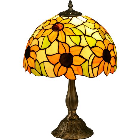 Stained Glass Table Lamp, Handmade Antique Bedside Lamp for Bedroom, Living room, Home, Nightstand, Decorative Night Light, Orange Sunflower