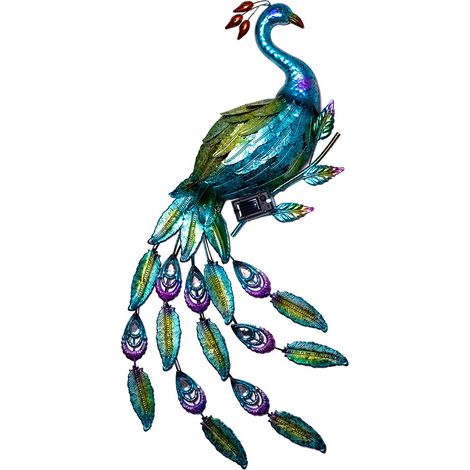 Applique da parete illuminazione solare da giardino, motivo pavone, sensore crepuscolare, ferro, blu, verde, rosso, LED, HxLxP 92x63x6 cm