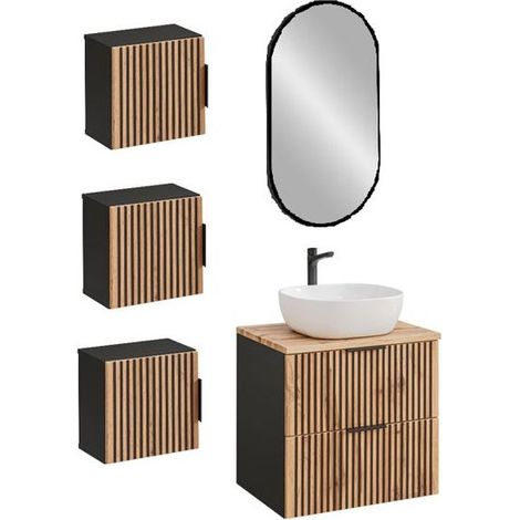 Ensemble meuble vasque à poser + 4 éléments - 60 cm - Sylve Black Wotan - Livraison gratuite