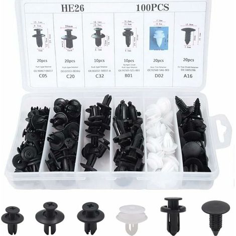 100 Pièces Rivet Clips Plastique Voiture Universel, 6 Taille Clips de Retenue de Voiture Fixations Outils, Clips d'Aile en Plastique pour Pare-chocs Porte de Voiture Fender Push Kit de Remplacement