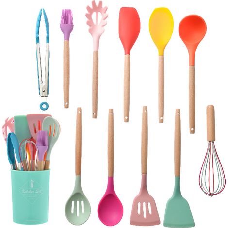 Ustensiles de cuisine en silicone de bois, 12 ensembles d'accessoires de cuisine, sans Bpa, adhésif résistant aux rayures et à la chaleur, pour cuillères / spatules / spaghettis