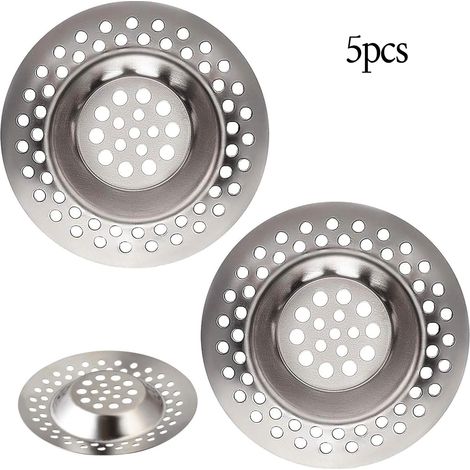 Lot de 5 bouchons de crépine d'évier en acier inoxydable - Filtre anti-obstruction double fonction pour cheveux et aliments, taille universelle (7 cm de diamètre extérieur / 3 cm de profondeur) (1/5)