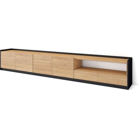 Mueble TV Campanillas-02 de 310x50x37 cm con almacenamiento, para TV hasta 80", color roble y negro (1/4)