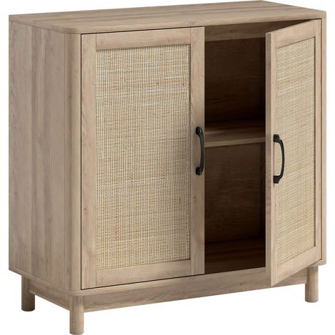 Buffet de salon, armoire de rangement à 2 portes en rotin, étagère ajustable et angles arrondis, 76 x 35 x 75,5 cm, chêne (1/5)