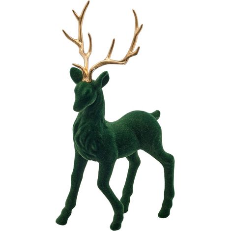 Gasper – Cerf debout avec bois dorés, floqué – Vert mousse, 20 x 7 x 37 cm