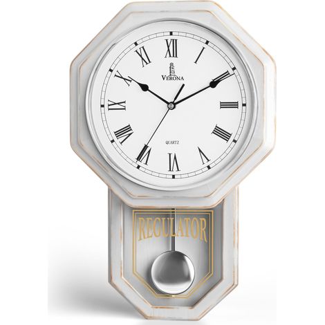 Horloge murale à pendule blanche – Horloge murale rustique en bois de ferme – Horloge avec régulateur – Horloge à pendule en bois – Horloge murale décorative pour décoration de salon, maison, bureau (1/5)