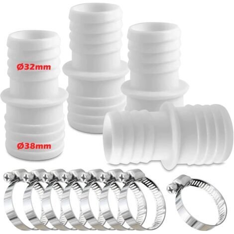 Lot de 4 raccords pour Tuyau Piscine, Raccord de Tuyau avec Colliers de Serrage, Ø 32 mm vers 38 mm de diamètre avec 8 Colliers de Serrage, Adaptateur de Tuyau de Piscine, Adaptateurs de