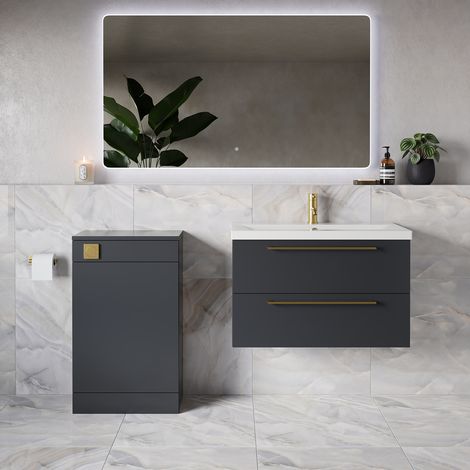 Napoli 390 Gloss Grey 1300mm Wall Mounted 2 Drawer Vanity Unit and Toilet Suite with Glide Basin - 1300mm - Brushed Brass 480mm HandleWithout Kingston Toilet Pan