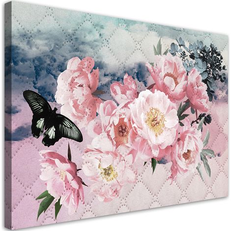 Quadro su tela, Fiori rosa e una farfalla nera - 100x70 (1/5)