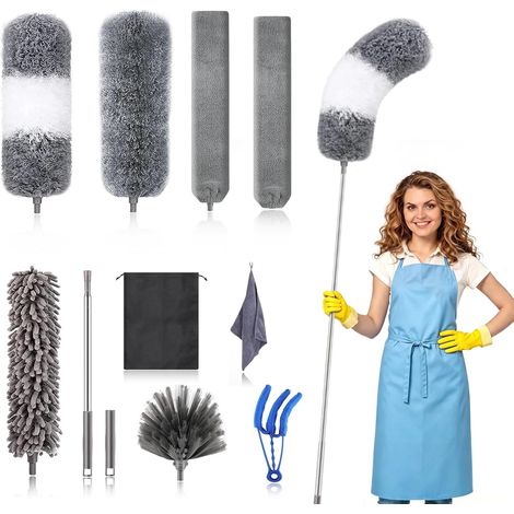 11 Pièces Plumeau Telescopique Lavable, Tete de Loup Télescopique 252cm avec Balais d'angle Flexibles, Nettoyeur de PoussièRe pour Interstices et Plumeau Toile D'Araignée pour Plafond, Meuble, Store (1/5)