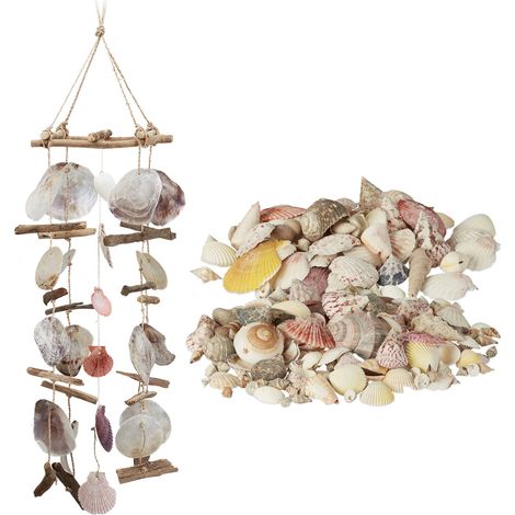set decorativo de 2 piezas, móvil de madera flotante con conchas capiz, carillón grande, decoración de playa (1/5)