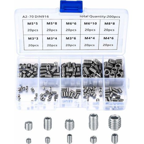 200 Pièces Vis Sans Tête en Acier Inox, M3 M4 M5 M6 M8 Vis à Métaux, Assortiment Kit de Fixations Vis Pointeau,T-Audace (1/5)