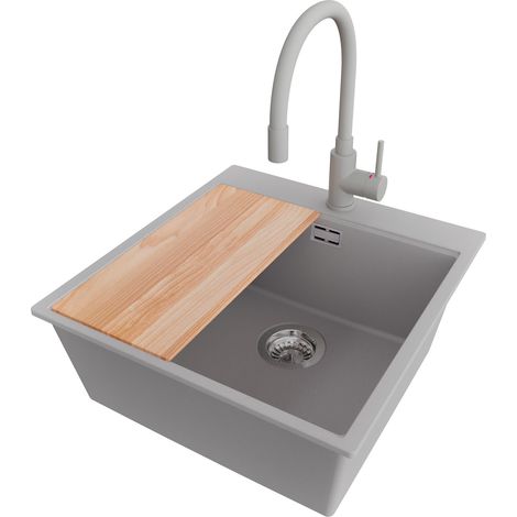 PRIMAGRAN Evier Cuisine en Granit 48x50cm,Lavabo 1 bac + Robinet 38x14cm + Kit de Vidage + Planche à Découper, Évier à Encastrer au meuble 50cm - Oslo, Gris (1/5)