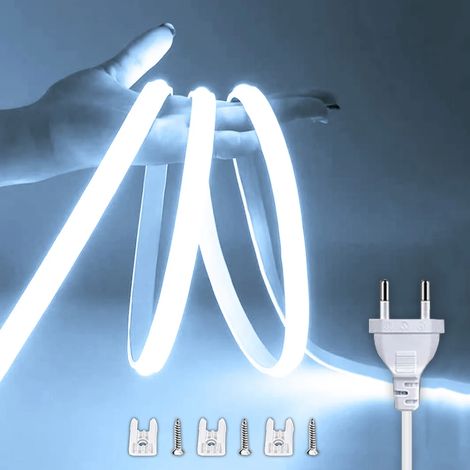 Bande LED 220 V (lumière blanche, sans interrupteur marche/arrêt) avec interrupteur marche/arrêt, étanche, COB, flexible, pour éclairage de chambre, cuisine, jardin extérieur. (1/5)