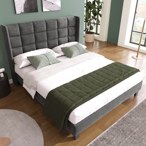 Cama Tapizada 140x200 Cm Somier Madera Y Cabecero Capitoné Lino Gris (1/5)